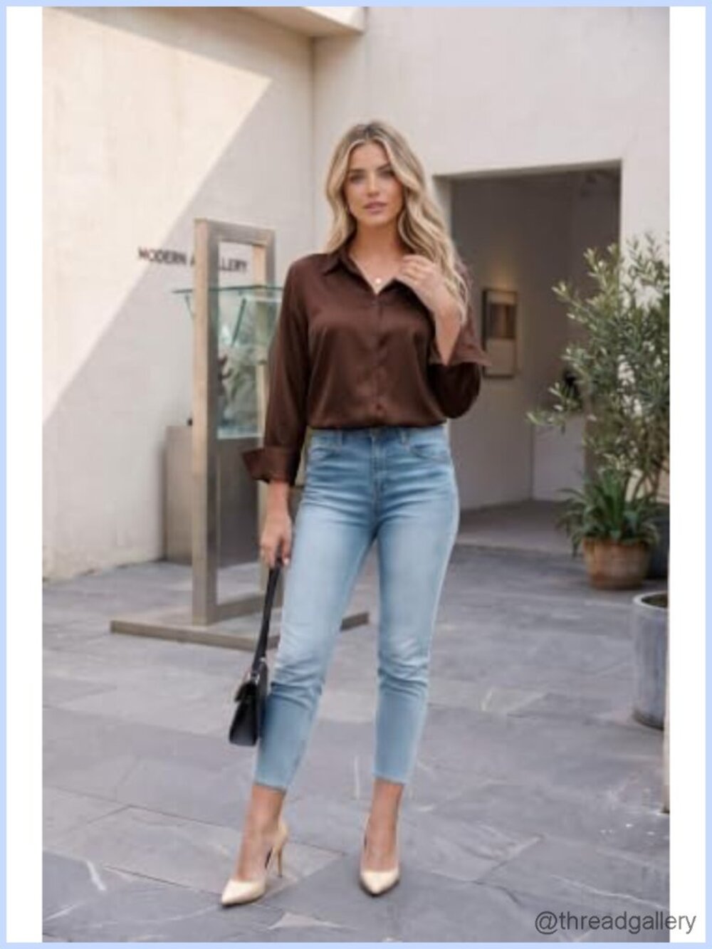 Silky Satin Button Down Collared Blouse Pleated Back Roll-Up Cuff - Picture 5 of 6